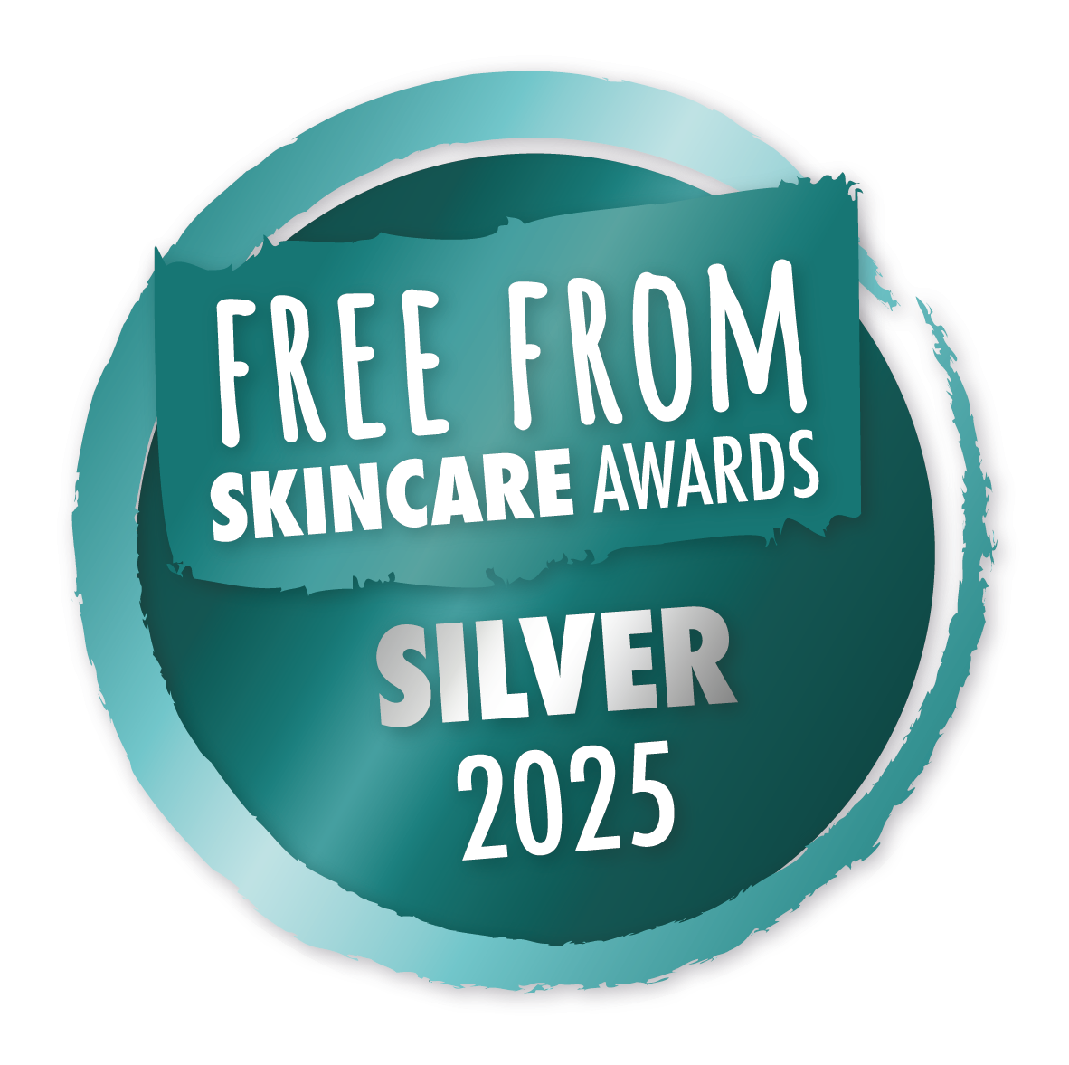 Silver award badge from Free From Skincare Awards 2025 for problem skin on a teal background