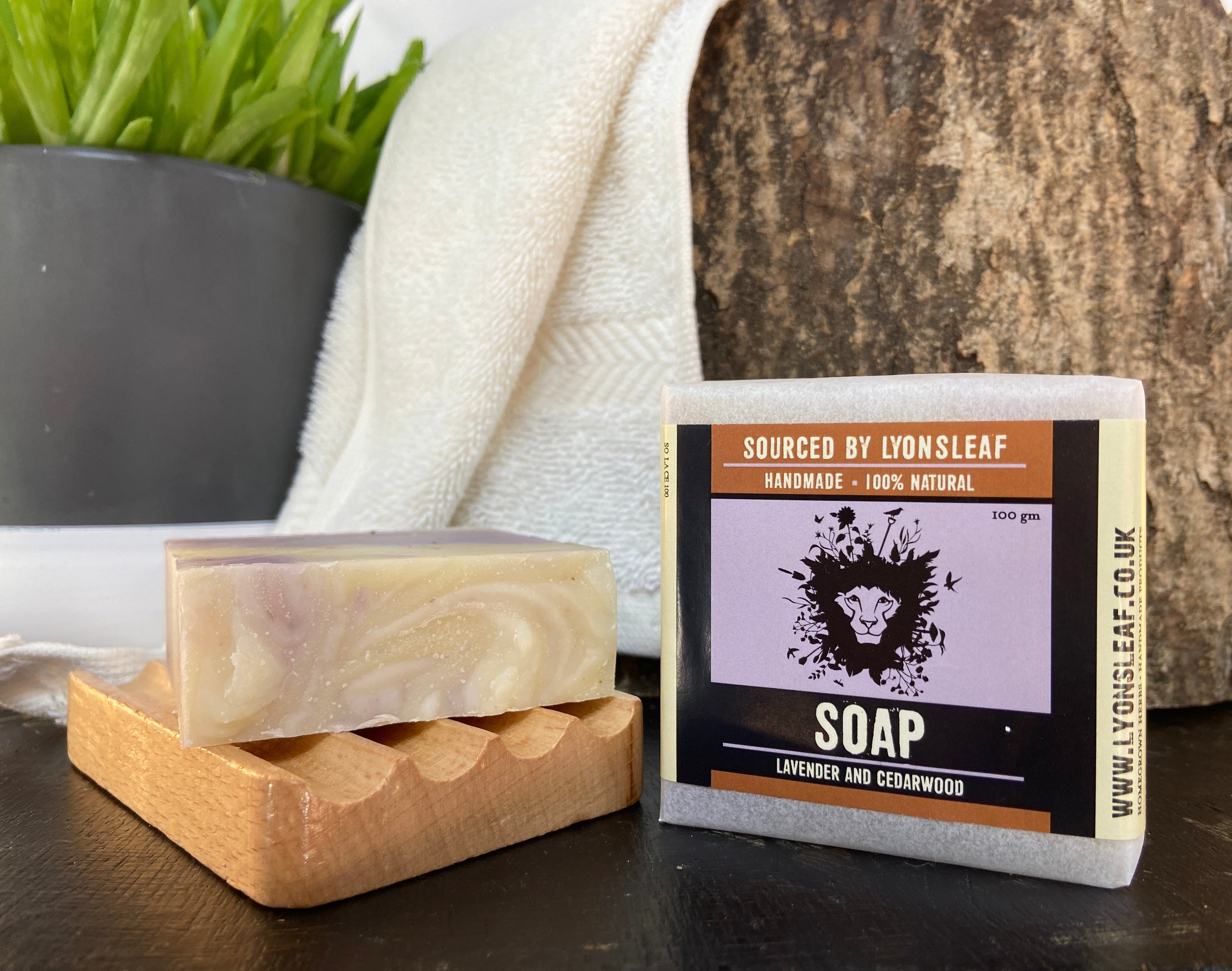 soap bar on wooden soap dish with wash cloth and aloe vera plant in background