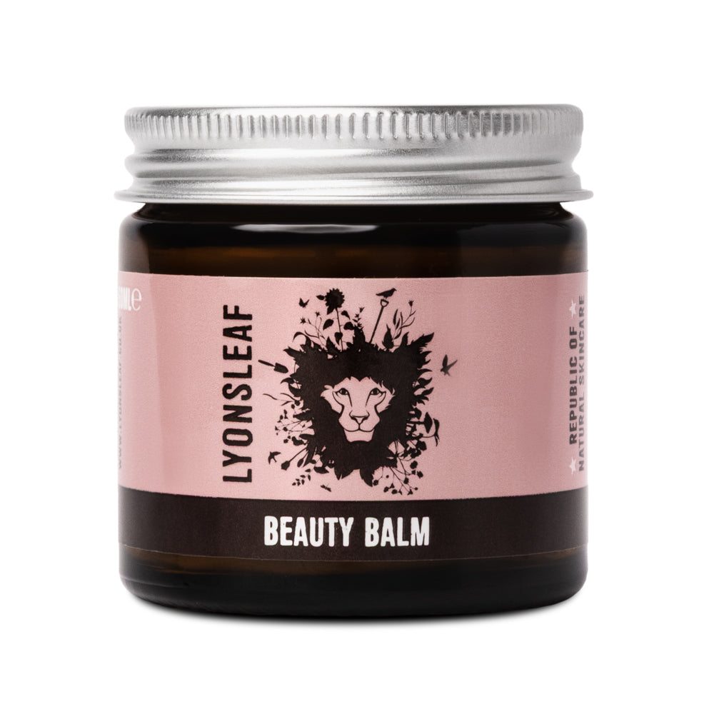 Lyonsleaf 100% natural Beauty Balm jar with pink label and silver lid on a white background