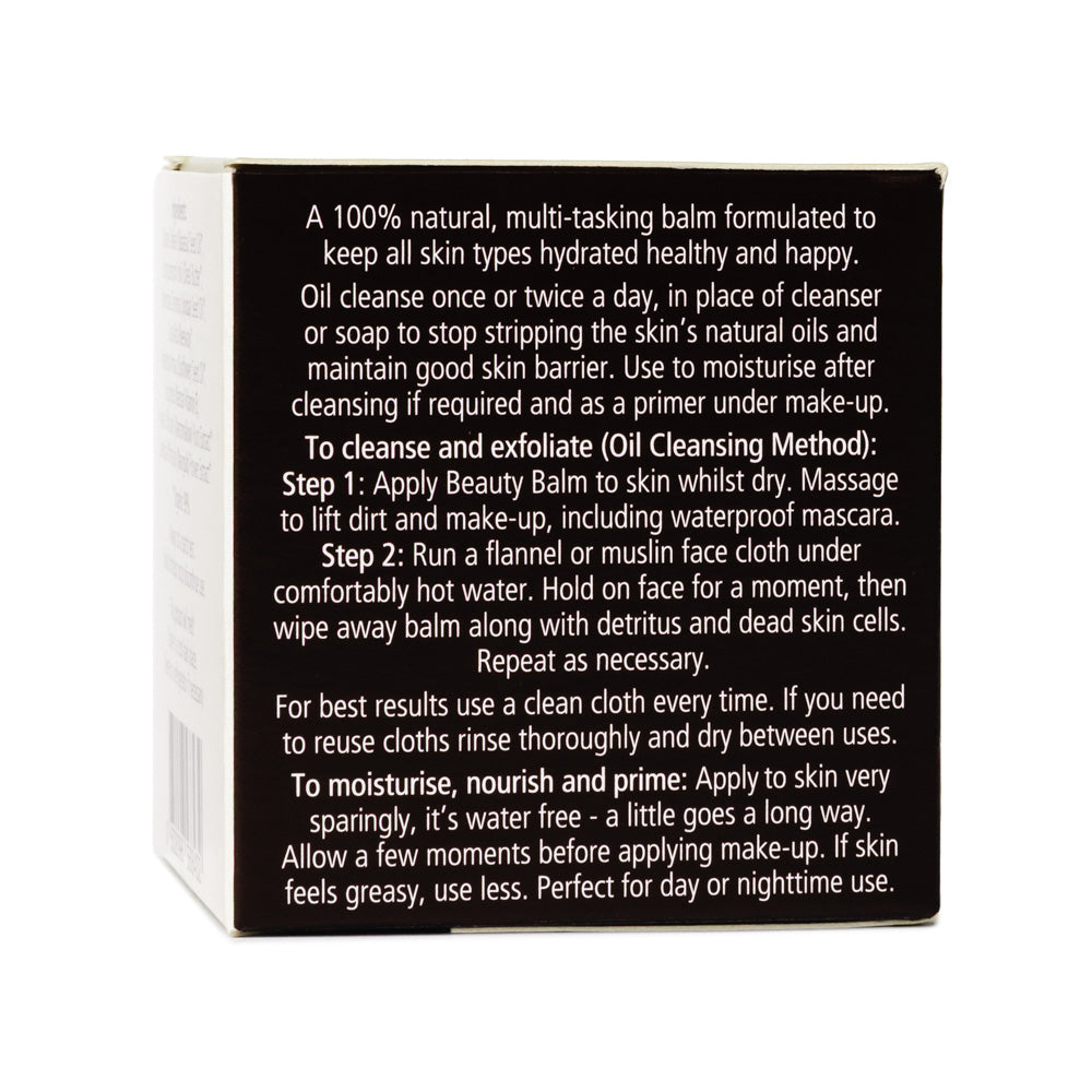 Lyonsleaf Unfragranced Beauty Balm box side with information on oil cleansing and how to use