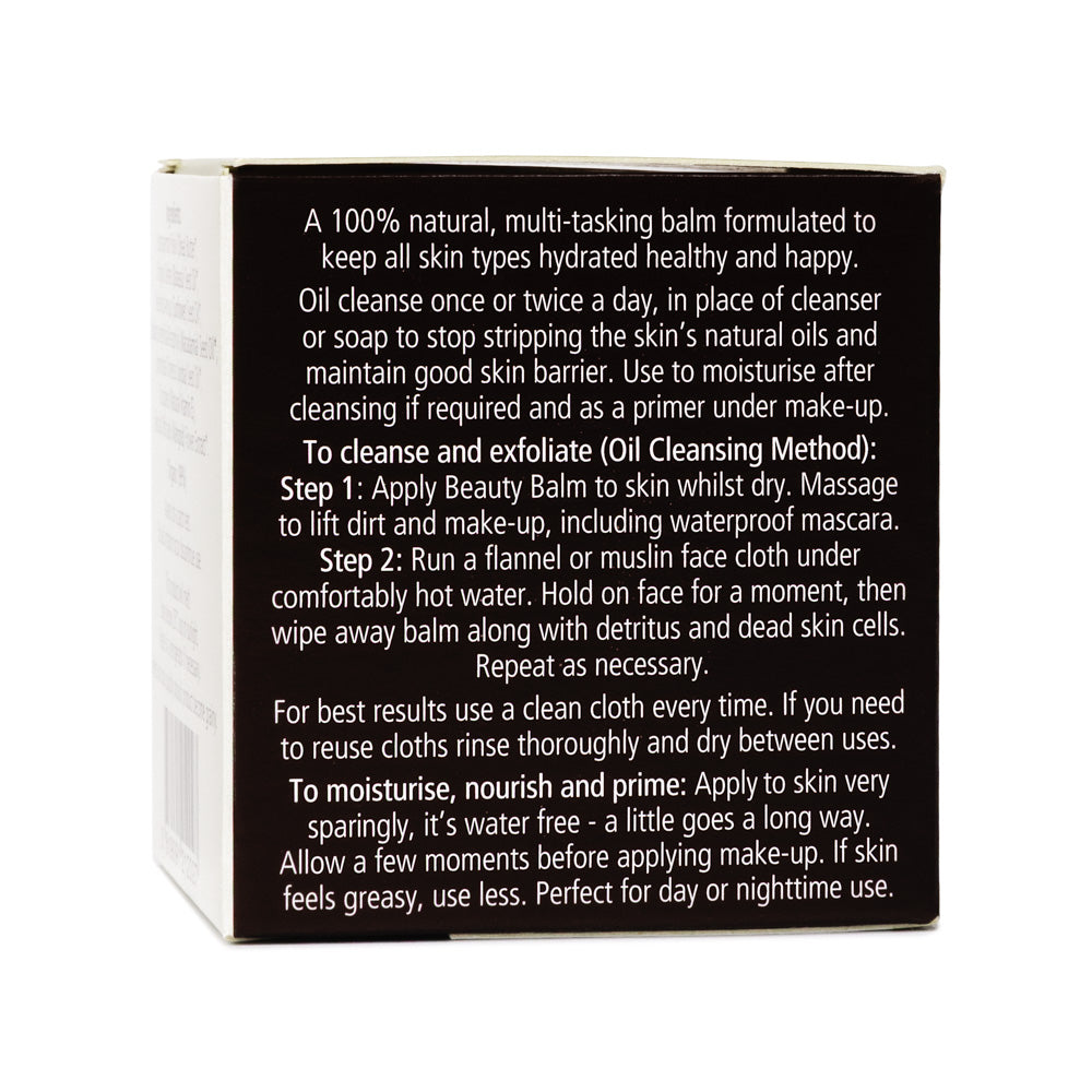 Lyonsleaf Unfragranced Beauty Balm box side with information on oil cleansing and how to use