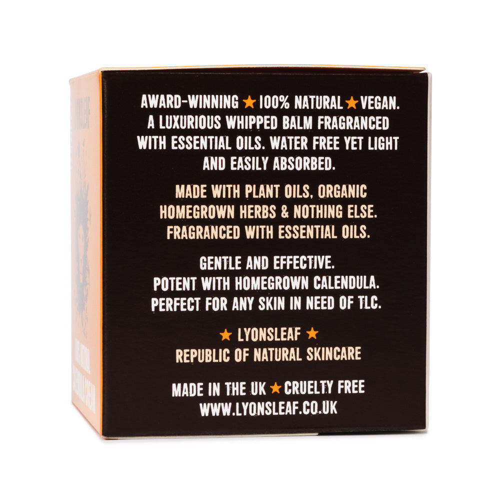 Box of Lyonsleaf 100% natural calendula cream skincare product with text on a white background about water-free, cruelty-free, organic herbs and oils