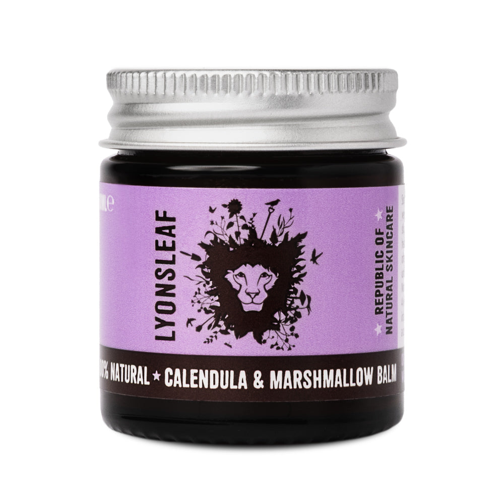 Lyonsleaf Calendula & marshmallow Balm jar with purple label featuring a lion logo, republic of natural skincare on a white background