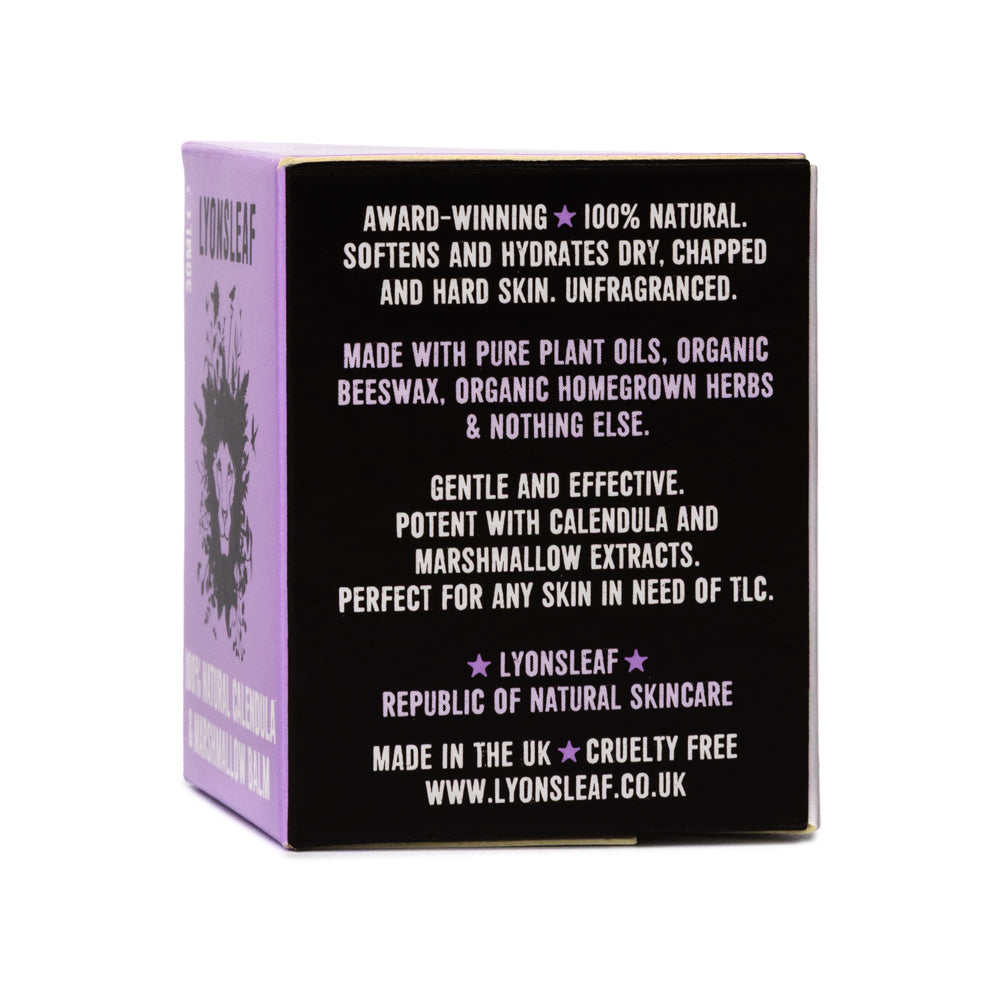 Lyonsleaf calendula & marshmallow balm skincare product packaging with text information on key 100% natural ingredients, made in the UK on a white background