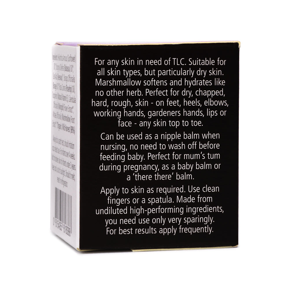 Lyonsleaf Calendula & marshmallow balm for skin in need of TLC, packaging information to soften, hydrate and soothe skin.