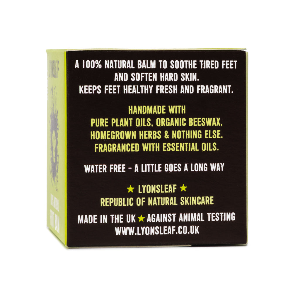 Lyonsleaf 100% Natural Foot balm box side showing made with plant oils and beeswax. Made int he UK by the Republic of Natural Skincare