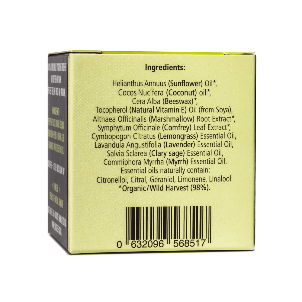 Lyonsleaf foot balm box side showing INCI ingredients and barcode on white background
