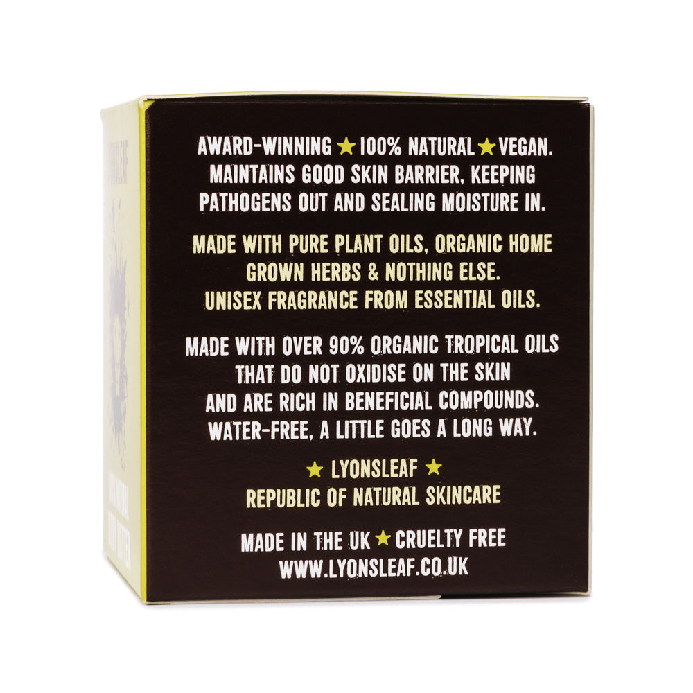 Lyonsleaf 100% Natural Body butter box side with information on vegan, unisex, 98% organic ingredients, water-free, made in the UK