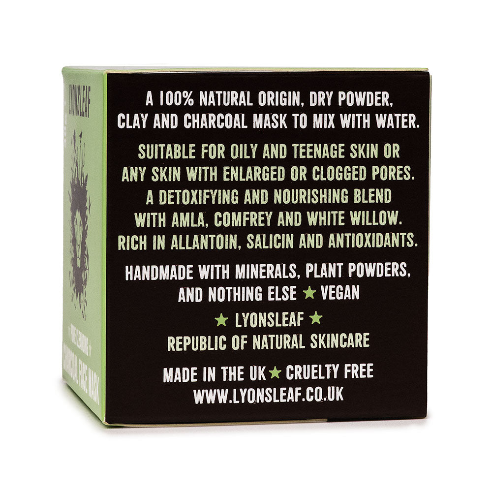 Lyonsleaf Pore cleansing charcoal face mask box side with information for oily and teenage skin suitability.