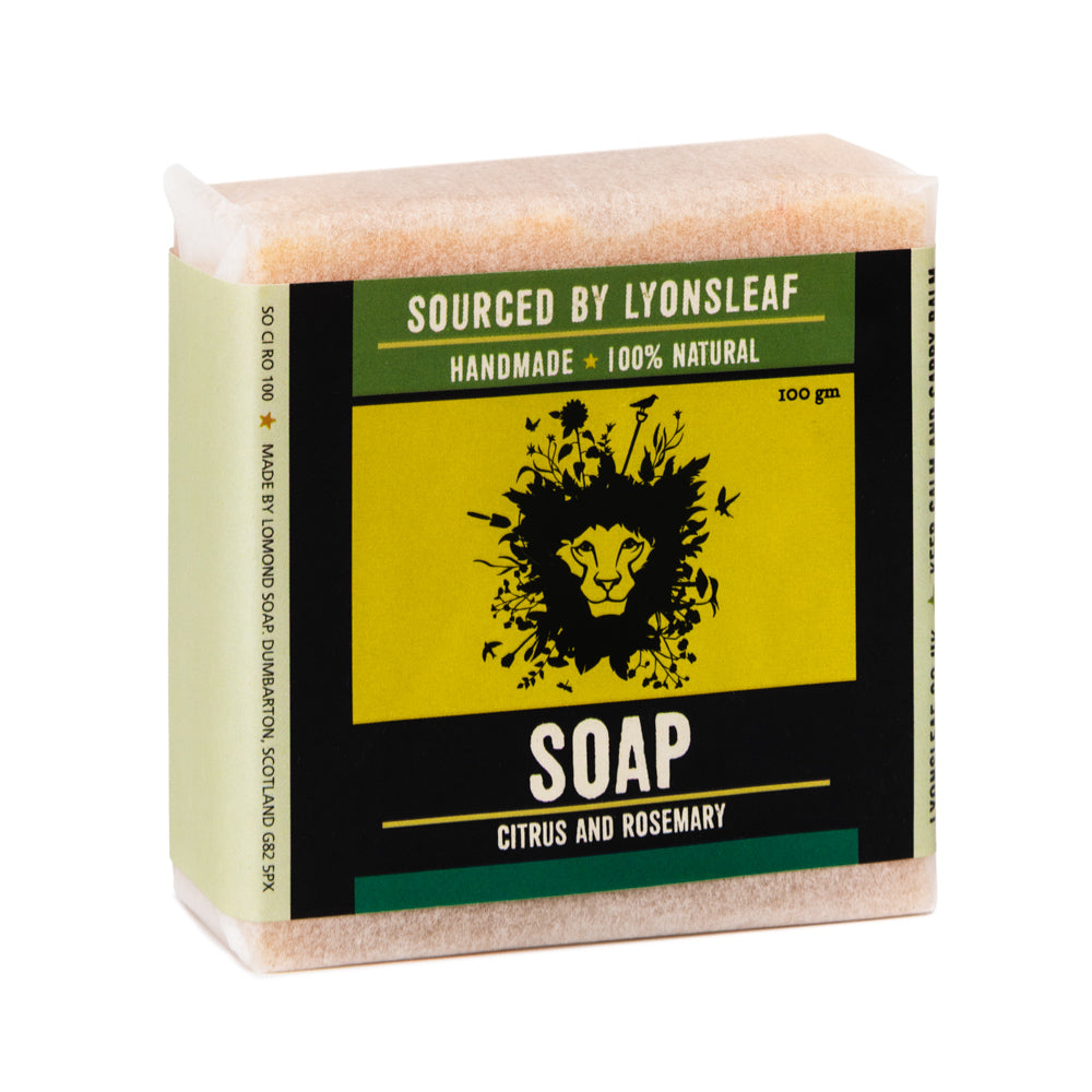 Bar of 100% Lyonsleaf natural citrus & rosemary soap wrapped on a white background