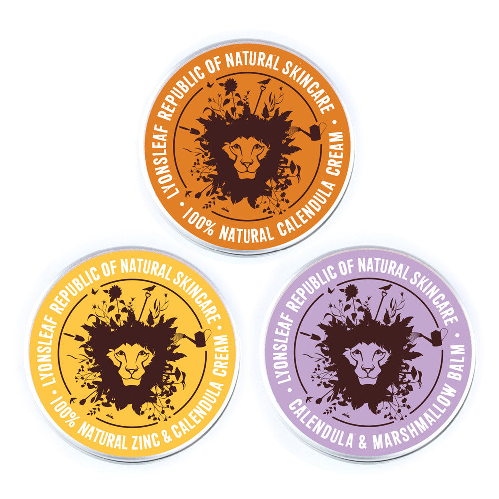 Lyonsleaf Calendula Skin Rescue Sample Set (3 x 3ml) for acne, perioral dermatitis, rosacea, eczema, tins on white background