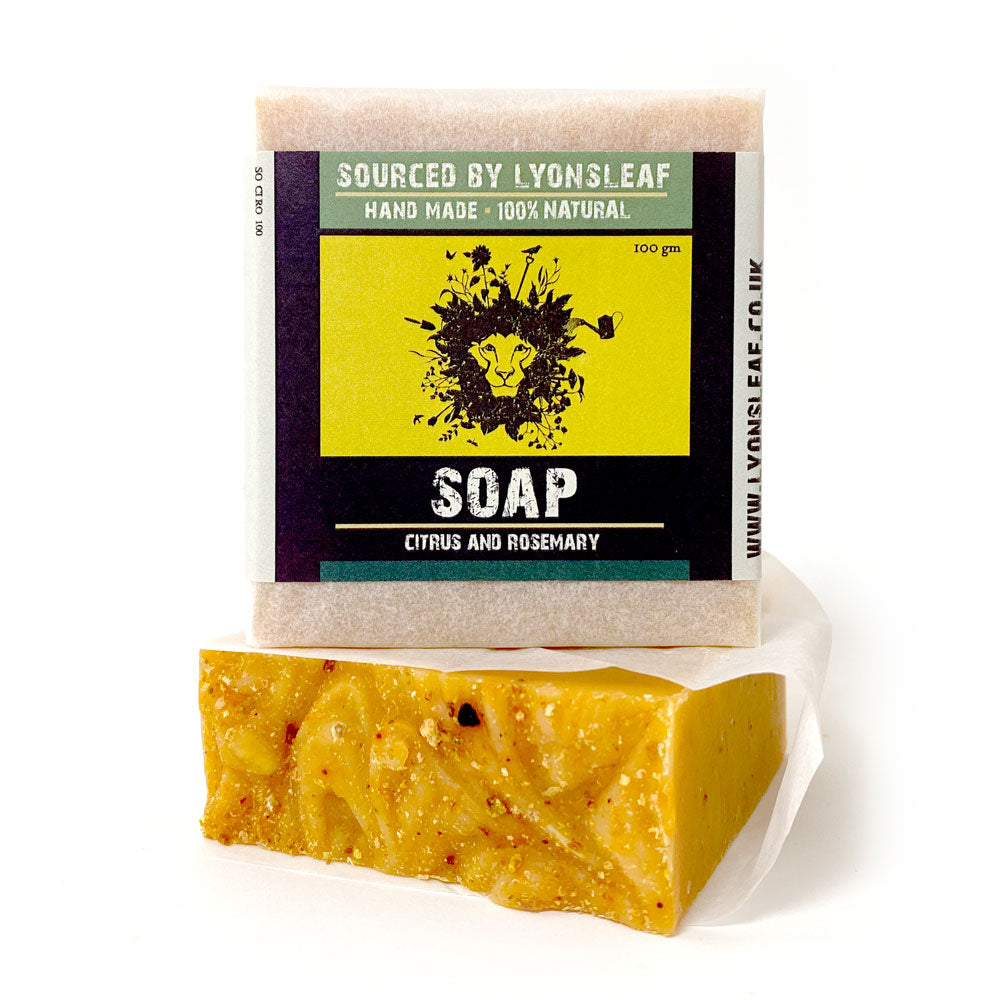 Packaged natural soap bar with citrus and rosemary fragrance, handmade and sourced by Lyonsleaf. The soap is yellow with exfoliating particles