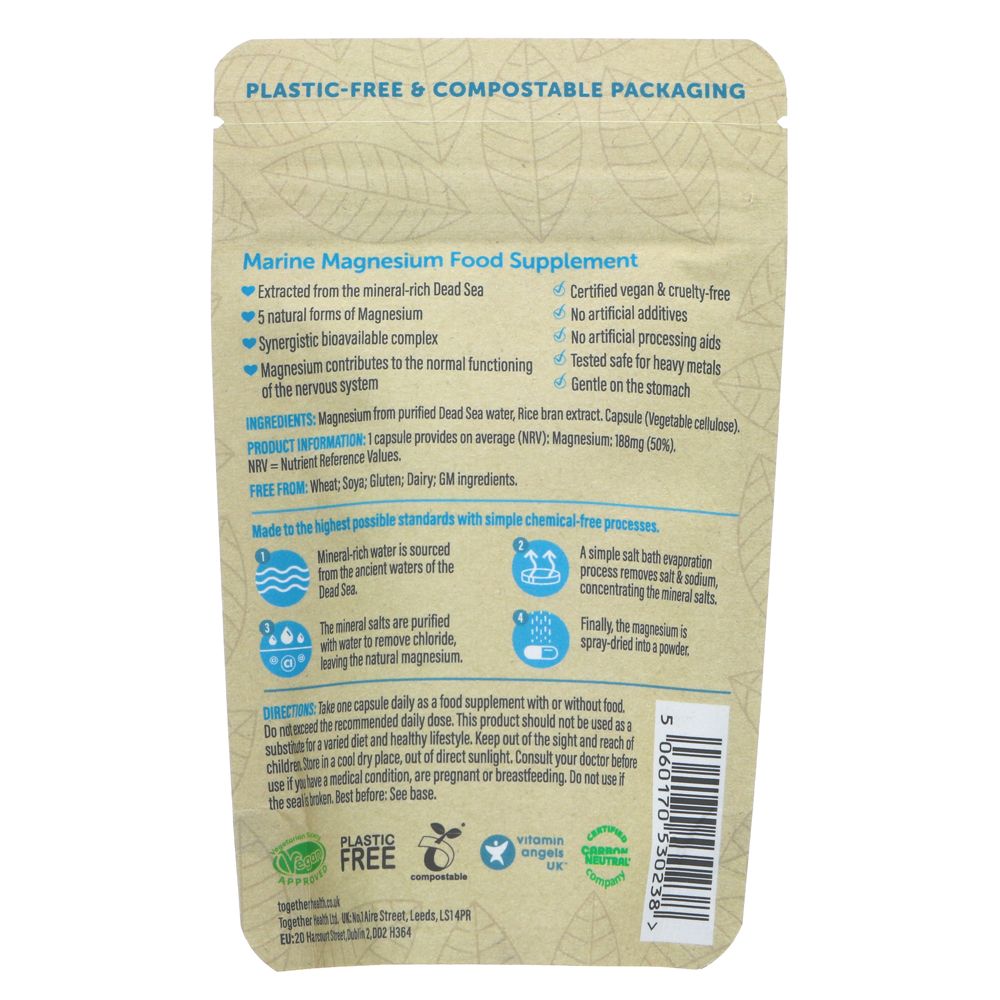 Marine natural magnesium food supplement from seawater package with text on a white background
