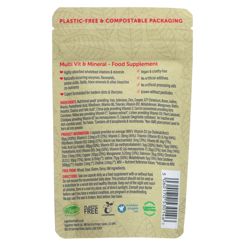 Back of a food wholefood multivitamin with minerals package with text and certification logos on a beige background