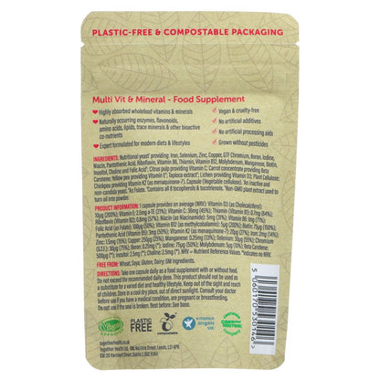 Back of a food wholefood multivitamin with minerals package with text and certification logos on a beige background