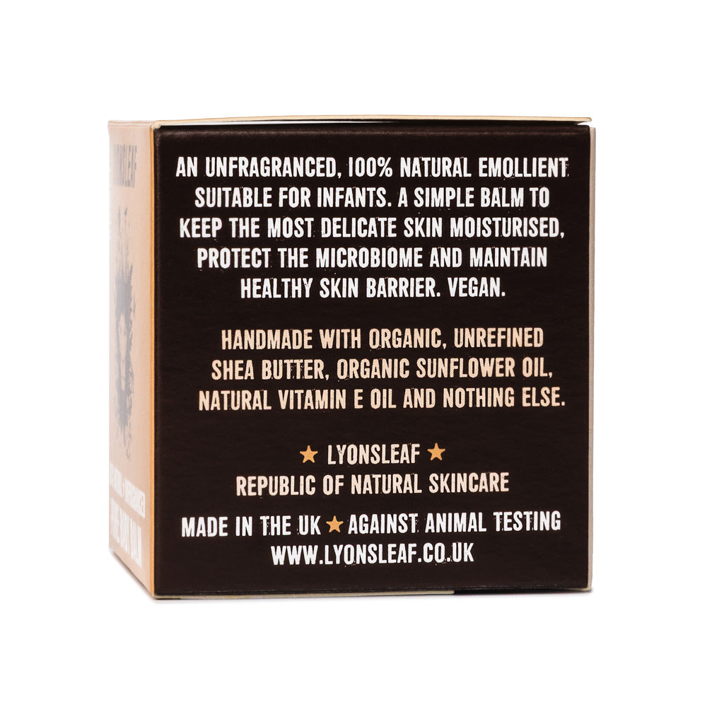 side of box of Lyonsleaf Pure baby balm vegan moisturiser made in the UK 