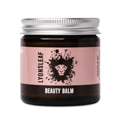 Lyonsleaf 100% natural Beauty Balm jar with pink label and silver lid on a white background