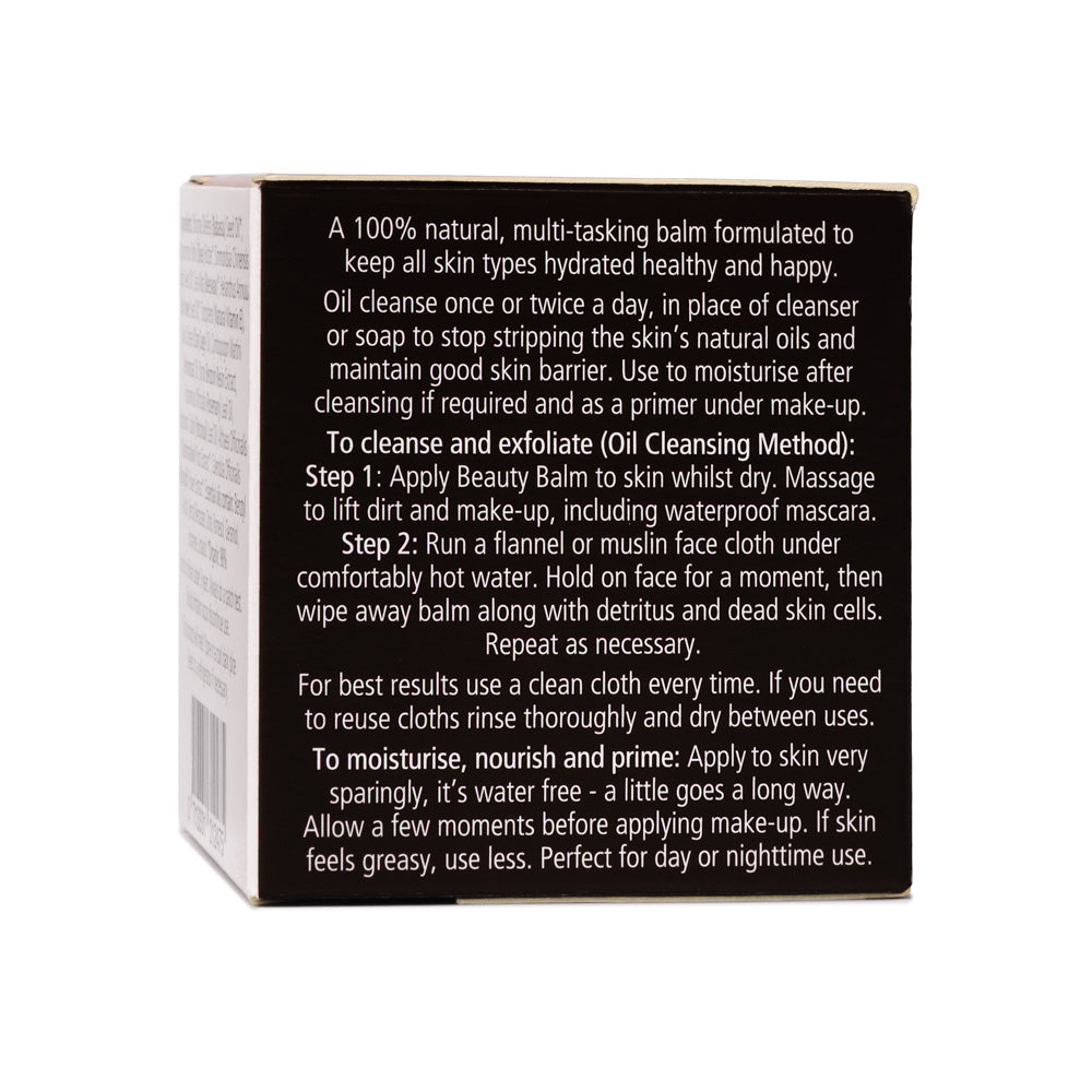 Back of a skincare product box with text information on oil cleansing on a white background
