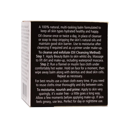 Back of a skincare product box with text information on oil cleansing on a white background
