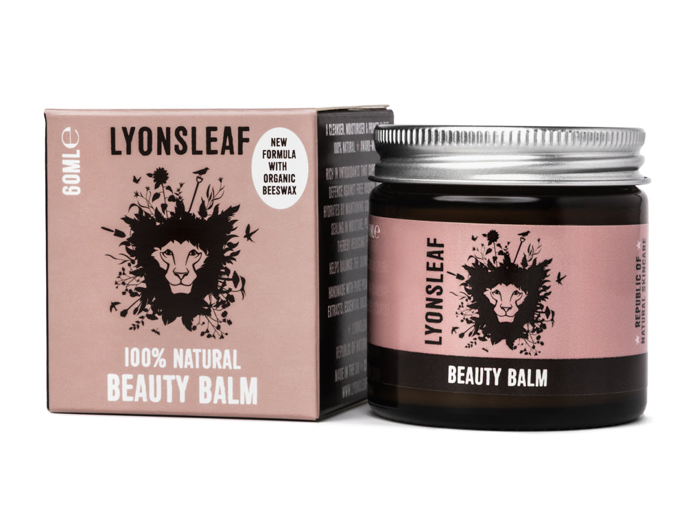 Lyonsleaf beauty balm cleanser, moisturiser &amp; primer jar and packaging on a white background