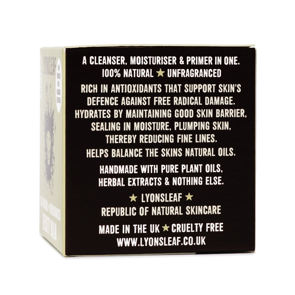 Lyonsleaf Unfragranced Beauty Balm box side with made in the UK, cruelty free info 