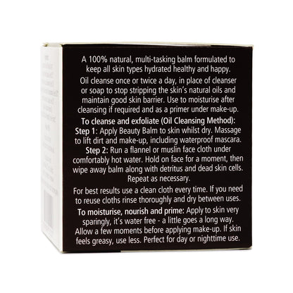Lyonsleaf Unfragranced Beauty Balm box side with information on oil cleansing and how to use
