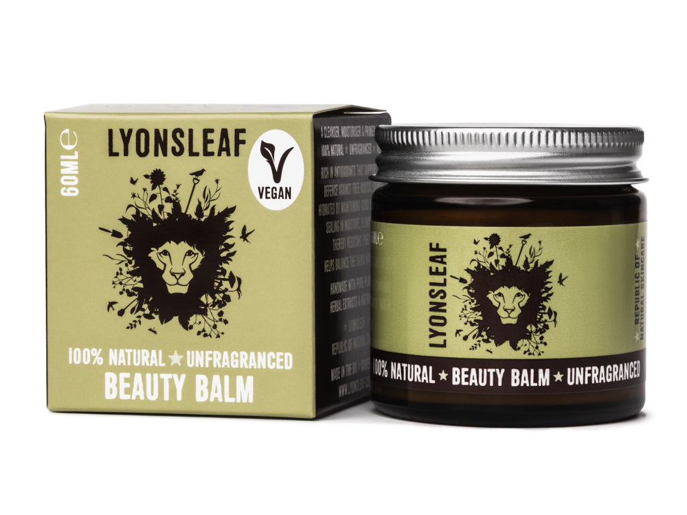 Lyonsleaf Vegan Unfragranced Beauty Balm 60ml jar and box green label on white background