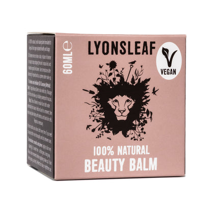 Lyonsleaf 100% vegan natural beauty balm packaging with lion design on a white background
