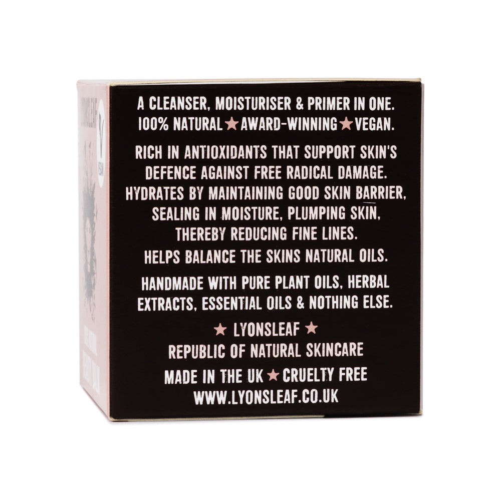 Lyonsleaf Beauty Balm Product packaging with text about natural skincare benefits and brand information on a white background