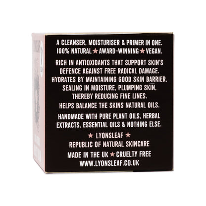 Lyonsleaf Beauty Balm Product packaging with text about natural skincare benefits and brand information on a white background