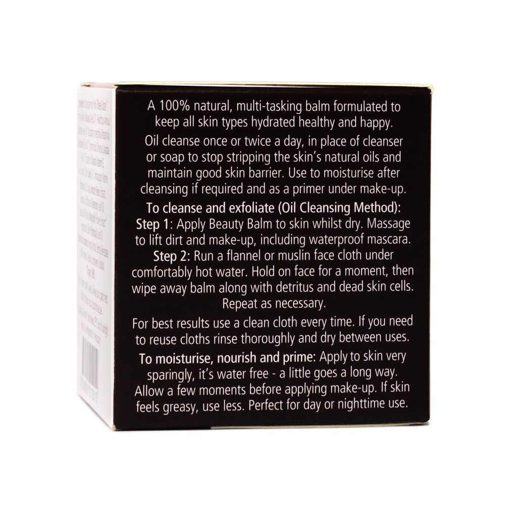 Back of Lyonsleaf vegan beauty balm product box with text information on oil cleansing method