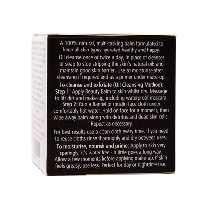 Back of Lyonsleaf vegan beauty balm product box with text information on oil cleansing method
