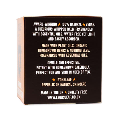 Box of Lyonsleaf 100% natural calendula cream skincare product with text on a white background about water-free, cruelty-free, organic herbs and oils