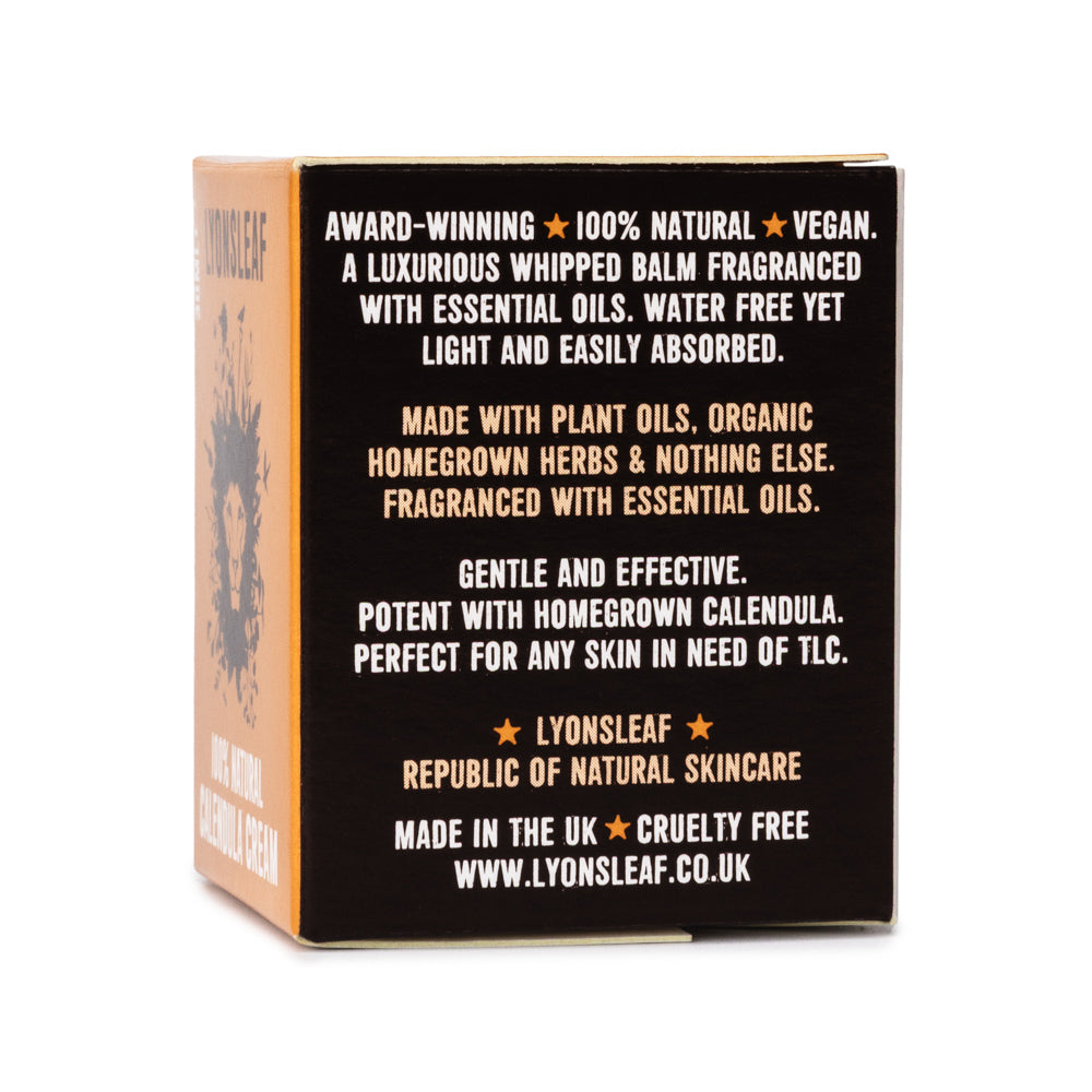 Box of Lyonsleaf 100% natural calendula cream skincare with text about vegan, for skin in need of TLC, made int the UK