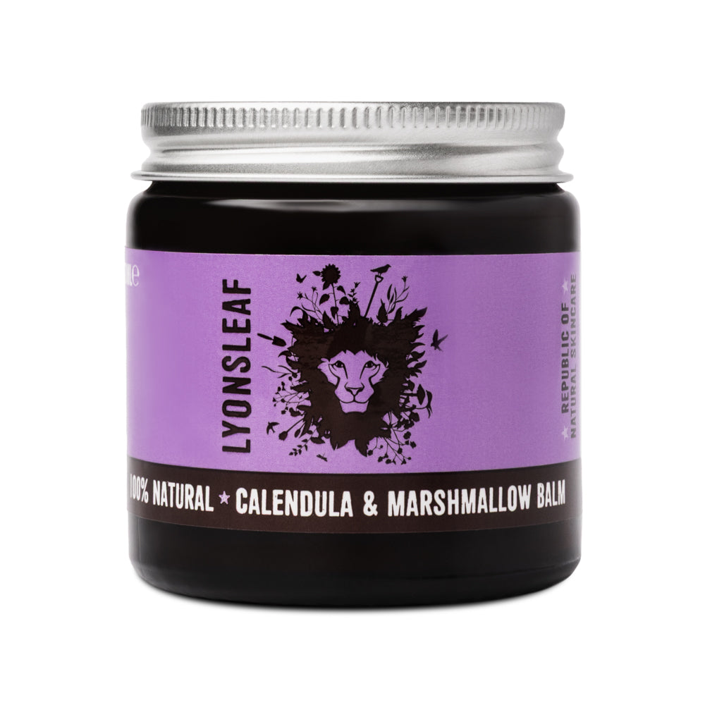 Lyonsleaf calendula &amp; marshmallow Balm ointment jar with purple label featuring a lion logo with Alu lid on a white background