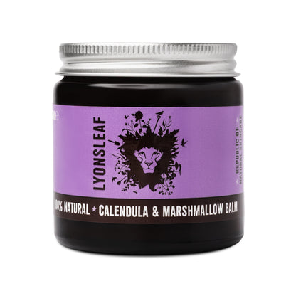 Lyonsleaf calendula &amp; marshmallow Balm ointment jar with purple label featuring a lion logo with Alu lid on a white background