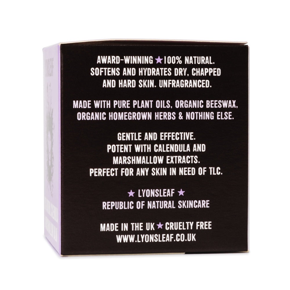 Lyonsleaf Calendula and Marshmallow balm packaging with information for dry, chapped and hard skin.