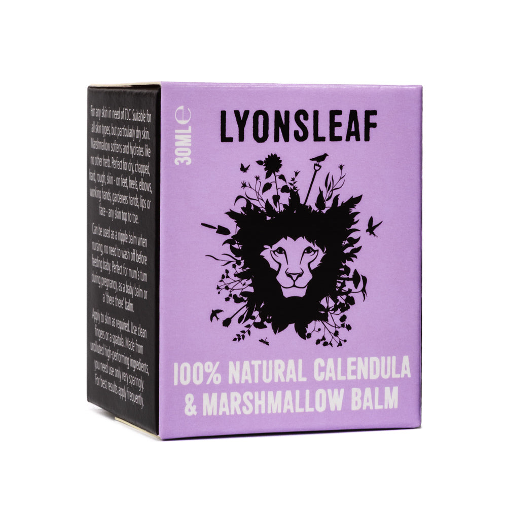Purple box of Lyonsleaf 100% Natural Calendula &amp; Marshmallow Balm with a lion design.