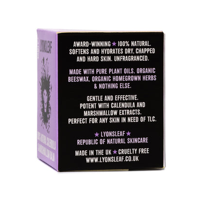 Lyonsleaf calendula &amp; marshmallow balm skincare product packaging with text information on key 100% natural ingredients, made in the UK on a white background