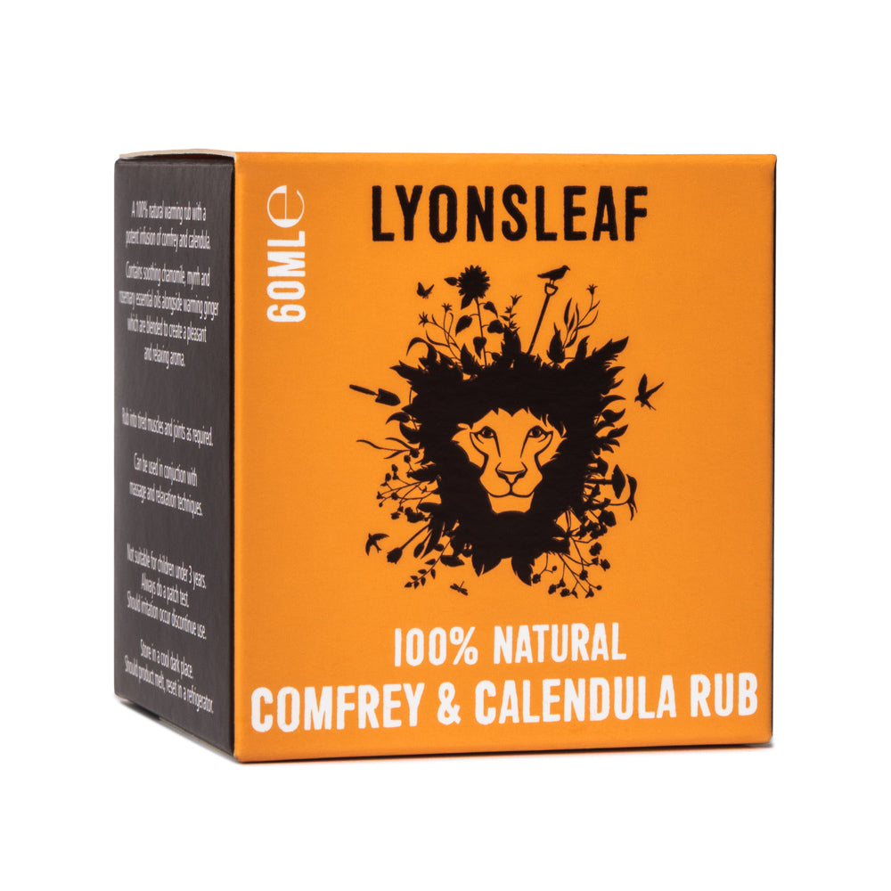 Orange box of Lyonsleaf 100% Natural Comfrey &amp; Calendula Rub for massage