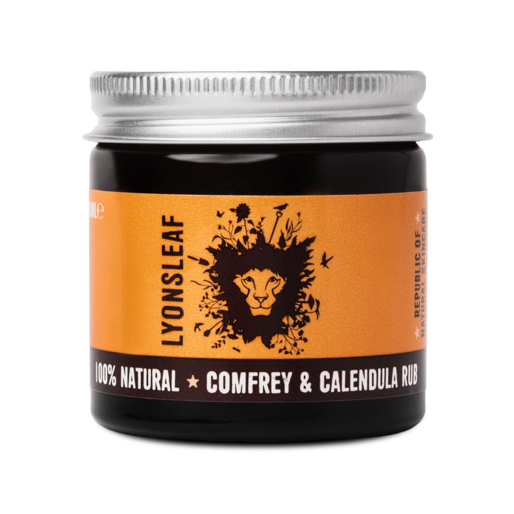 Jar of Lyonsleaf Comfrey &amp; Calendula Rub with orange label and silver lid on white background