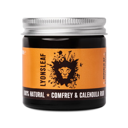 Jar of Lyonsleaf Comfrey &amp; Calendula Rub with orange label and silver lid on white background