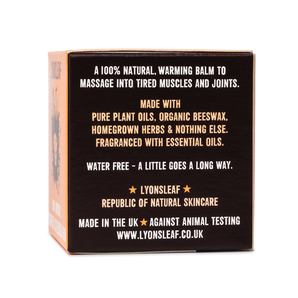 Lyonsleaf massage balm Box with text on using on tired muscles and joints on a white background