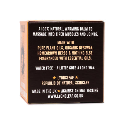Lyonsleaf massage balm Box with text on using on tired muscles and joints on a white background