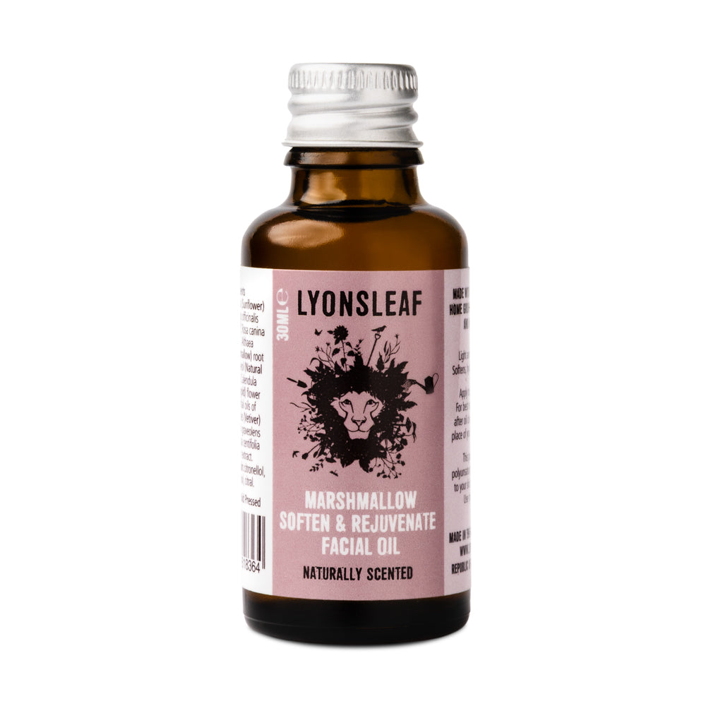 Lyonsleaf Marshmallow facial oil 30ml bottle with ALU cap on white background
