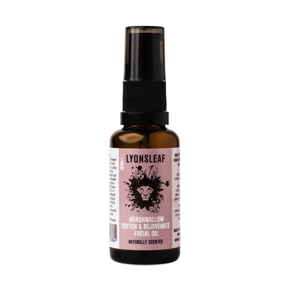 Lyonsleaf Marshmallow Facial Oil made by the Republic of Natural Skincare, pink label on glass bottle with lotion pump.   