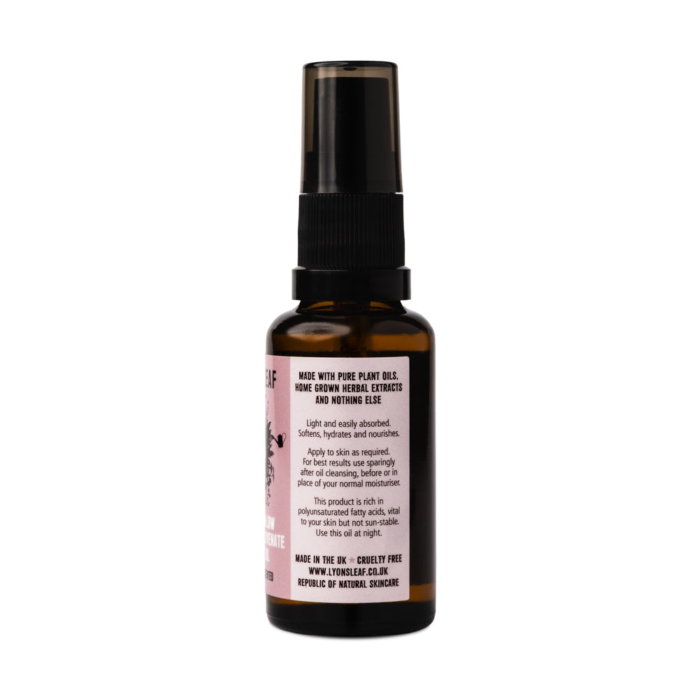 Lyonsleaf Marshmallow soften and rejuvenate facial oil label details with usage instructions and made in the UK