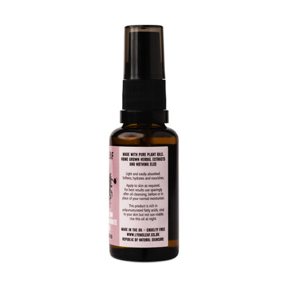 Lyonsleaf Marshmallow soften and rejuvenate facial oil label details with usage instructions and made in the UK