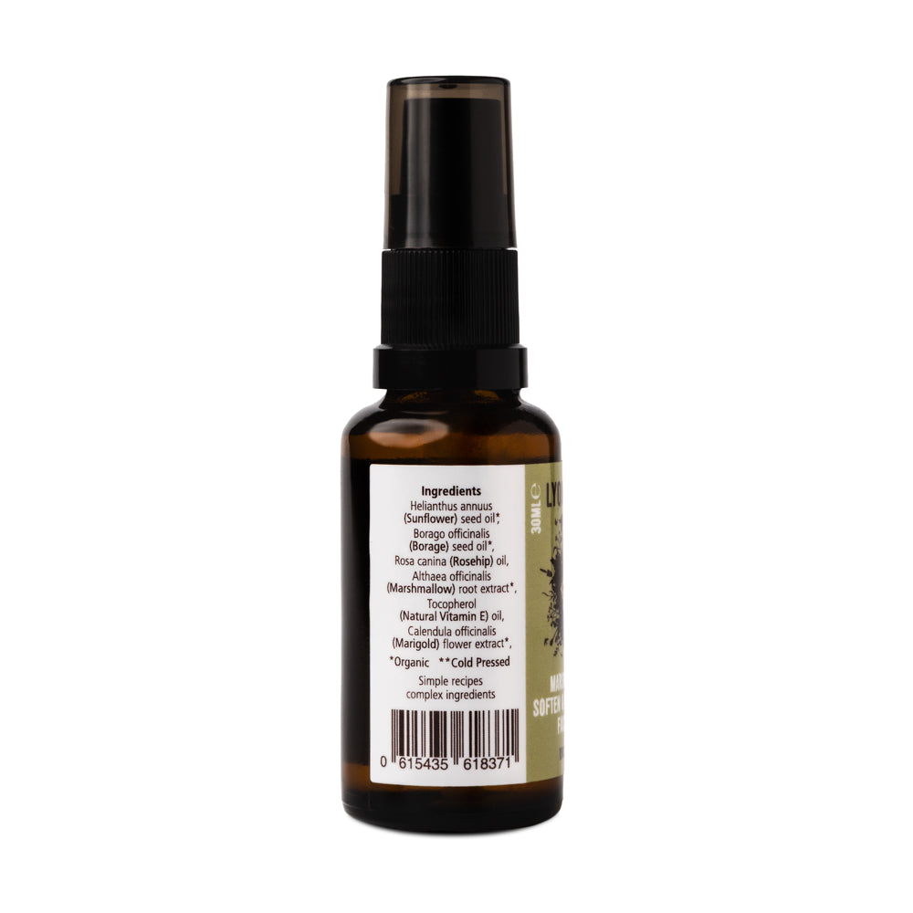 Lyonsleaf Marshmallow soften &amp; rejuvenate facial oil bottle label side with full INCI ingredients and barcode