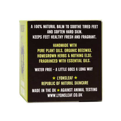 Lyonsleaf 100% Natural Foot balm box side showing made with plant oils and beeswax. Made int he UK by the Republic of Natural Skincare